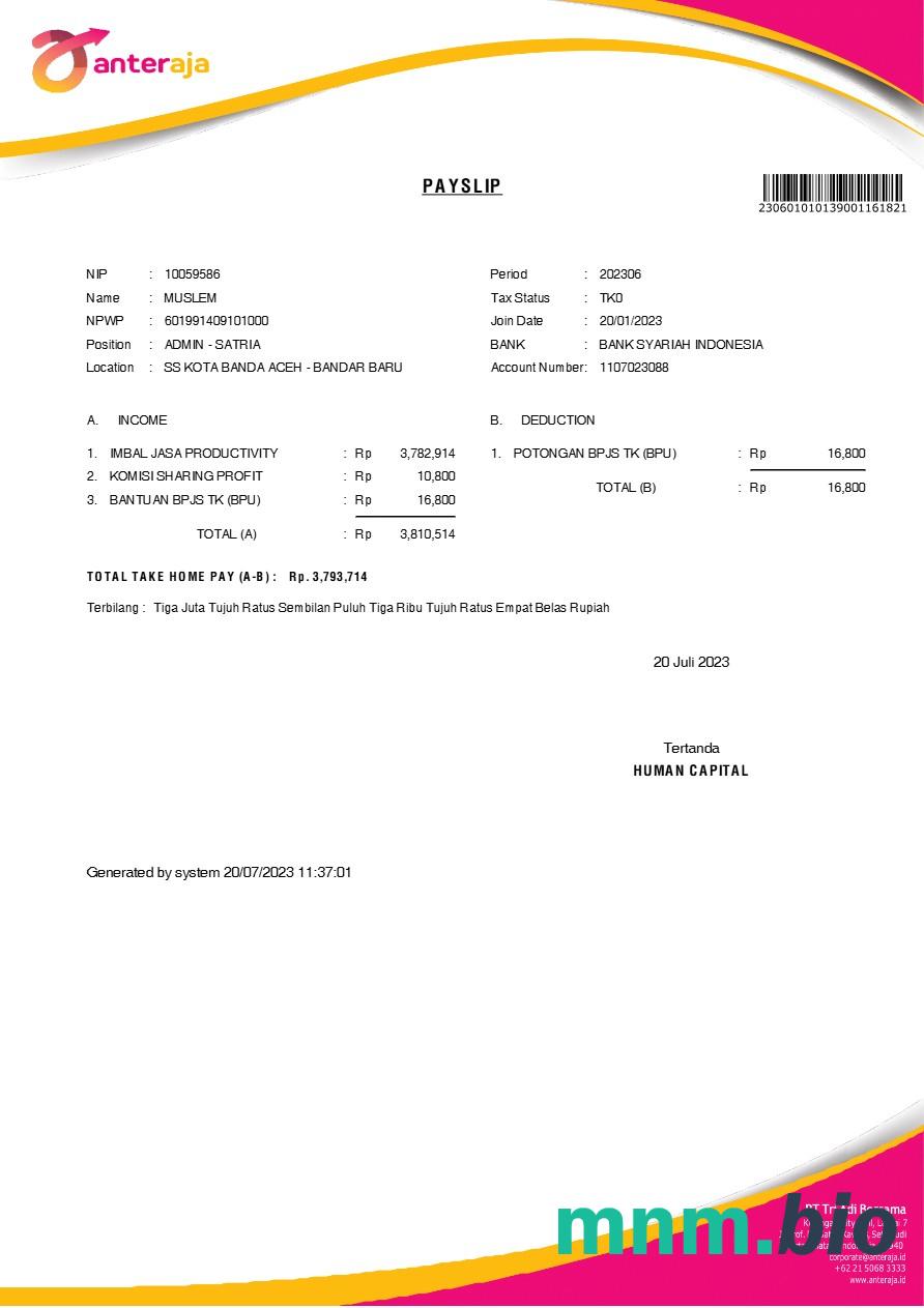 Szablon odcinka wypłaty usługi Anteraja tech w formatach Word i PDF